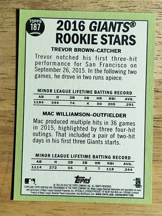 2016 Topps Heritage #187 Trevor Brown RC/Mac Williamson RC