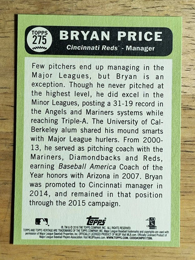 2016 Topps Heritage #275 Bryan Price MG