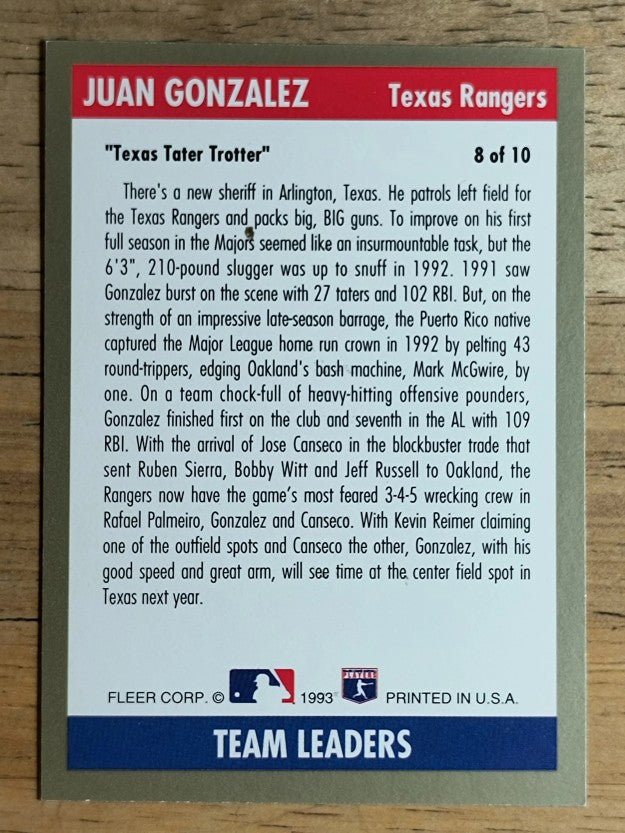 1993 Fleer Team Leaders #AL8 Juan Gonzalez