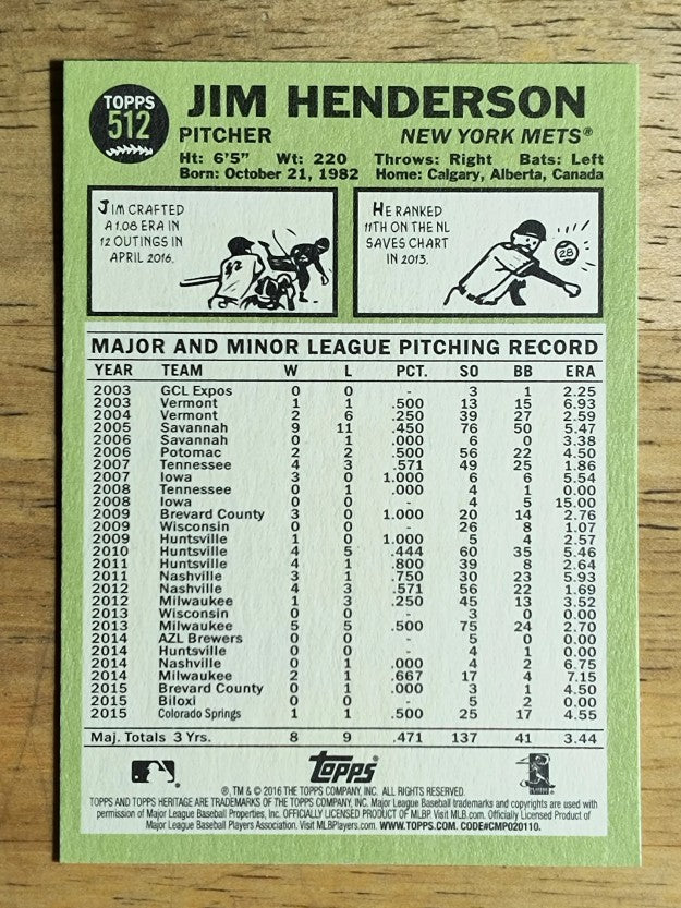 2016 Topps Heritage #512 Jim Henderson