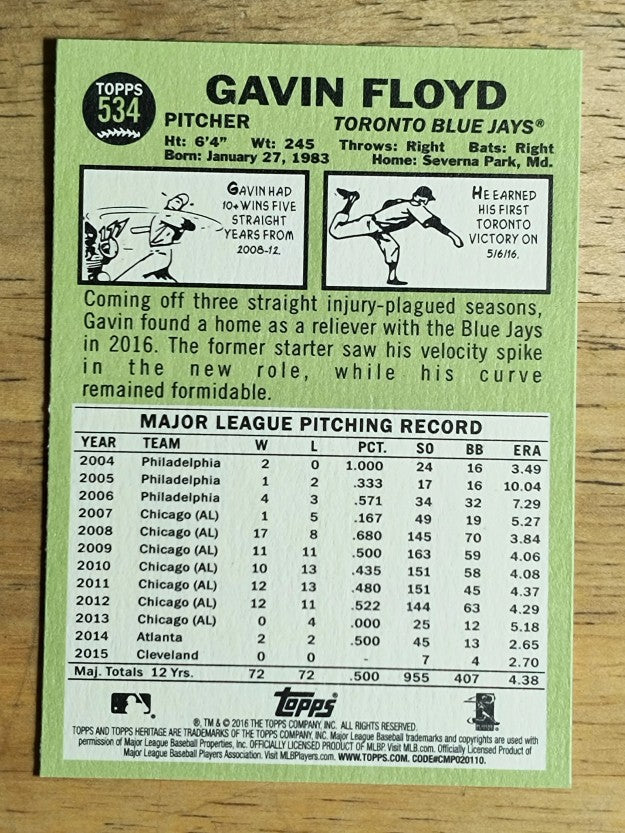 2016 Topps Heritage #534 Gavin Floyd