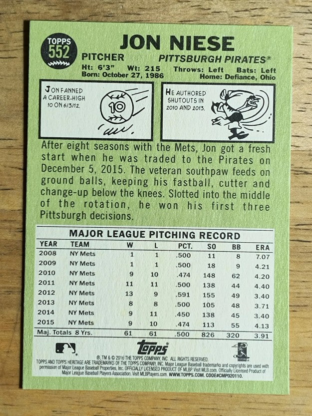 2016 Topps Heritage #552 Jon Niese