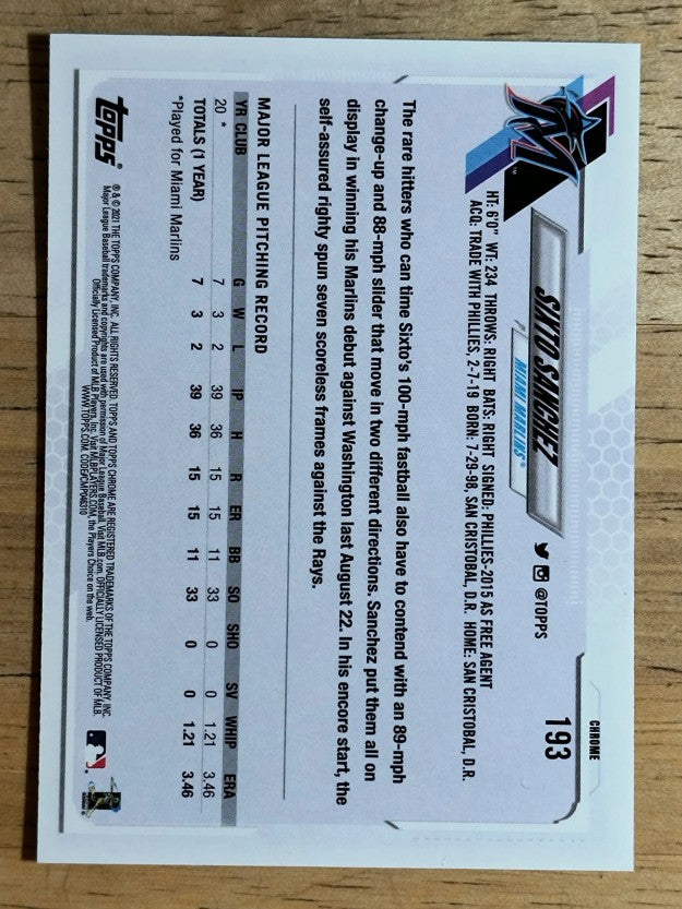 2021 Topps Chrome #193 Sixto Sanchez RC