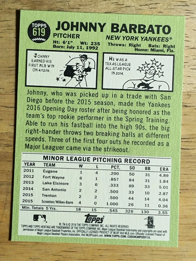 2016 Topps Heritage #619 Johnny Barbato RC