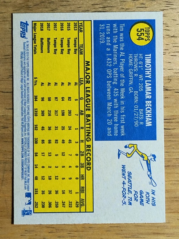 2019 Topps Heritage #554 Tim Beckham