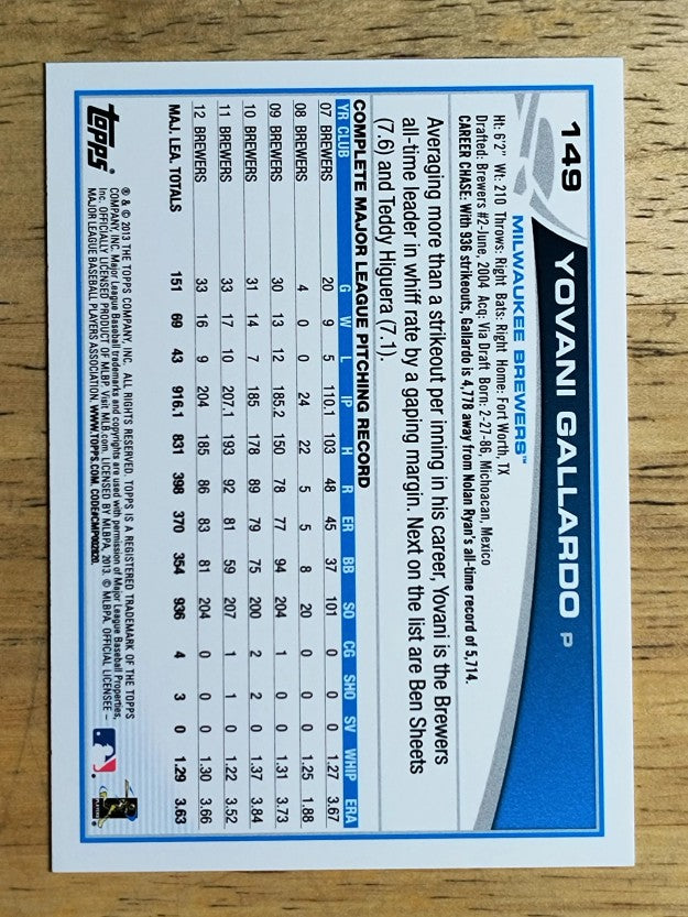 2013 Topps #149 Yovani Gallardo