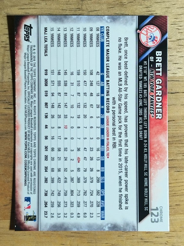 2016 Topps Chrome #123 Brett Gardner