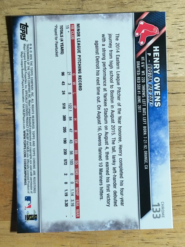 2016 Topps Chrome #133 Henry Owens RC