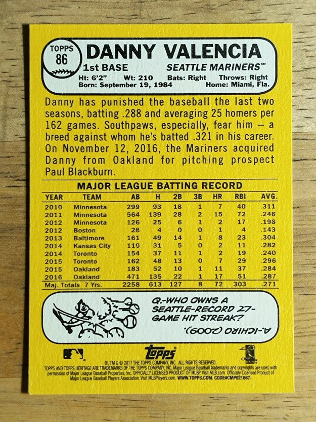 2017 Topps Heritage #86A Danny Valencia