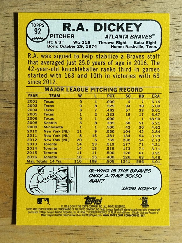 2017 Topps Heritage #92 R.A. Dickey