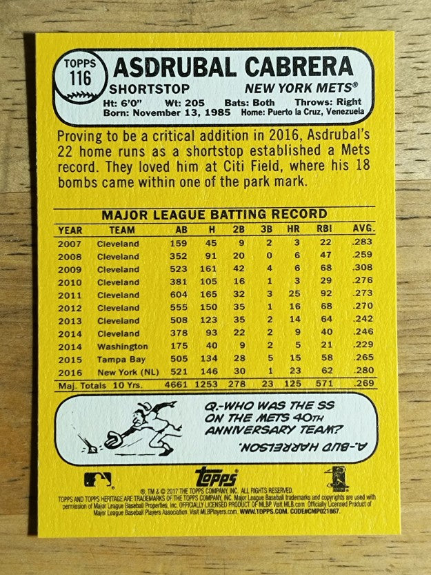 2017 Topps Heritage #116 Asdrubal Cabrera