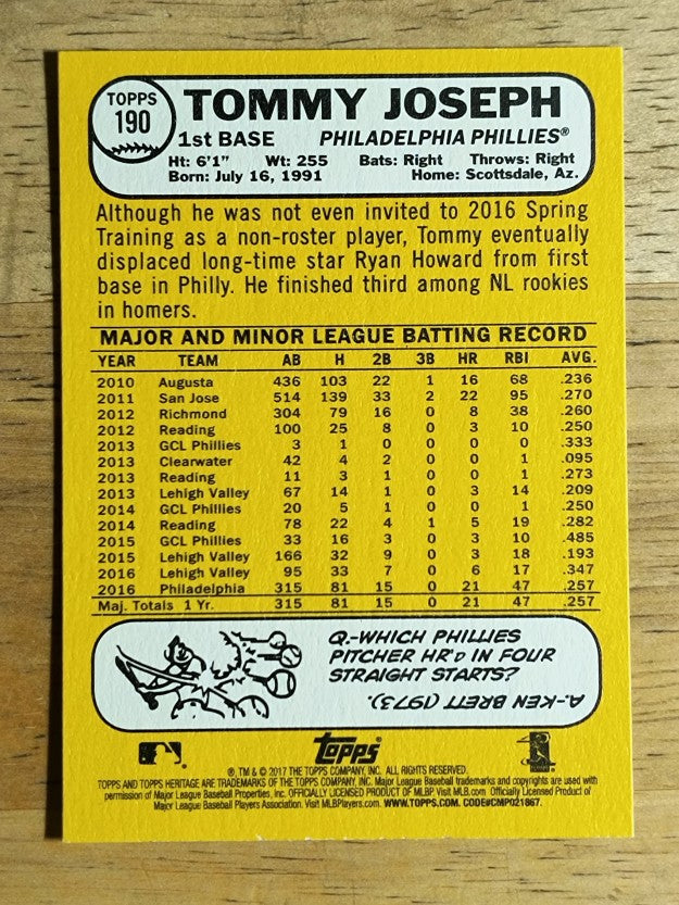 2017 Topps Heritage #190 Tommy Joseph