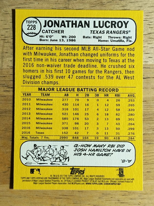 2017 Topps Heritage #228 Jonathan Lucroy