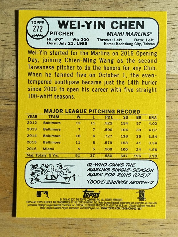 2017 Topps Heritage #272 Wei-Yin Chen