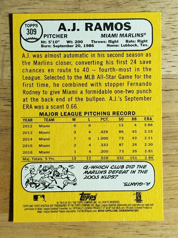 2017 Topps Heritage #309 A.J. Ramos
