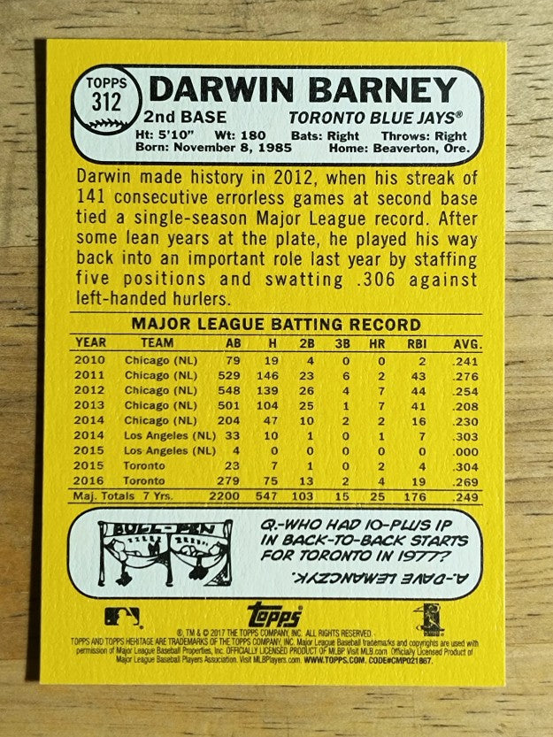 2017 Topps Heritage #312 Darwin Barney