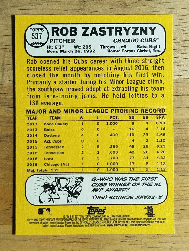 2017 Topps Heritage #537 Rob Zastryzny RC