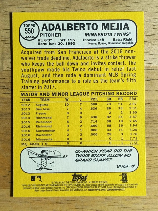 2017 Topps Heritage #550 Adalberto Mejia RC