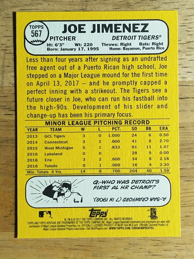 2017 Topps Heritage #567 Joe Jimenez RC