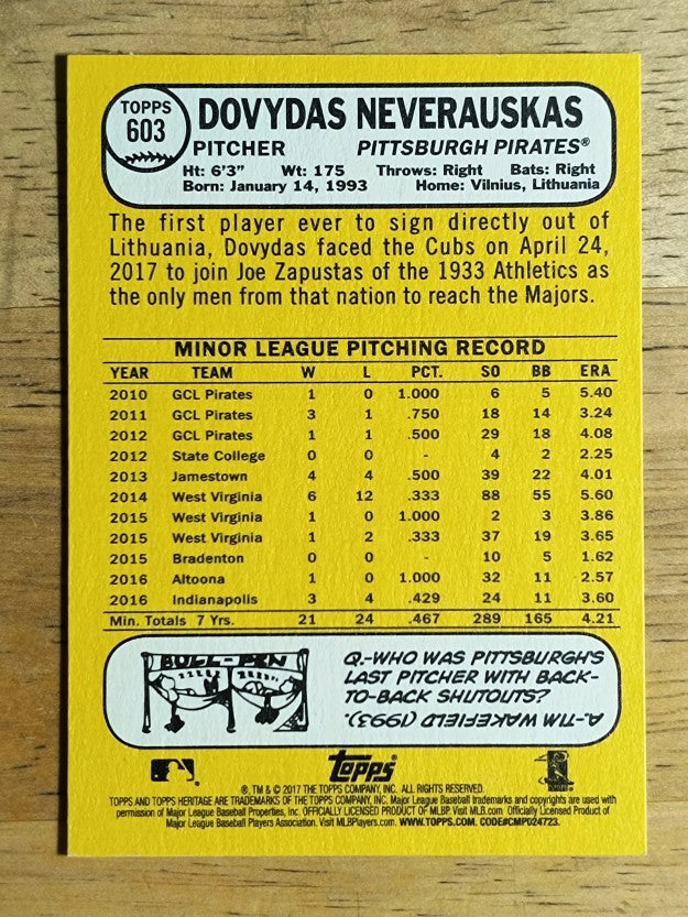 2017 Topps Heritage #603 Dovydas Neverauskas RC