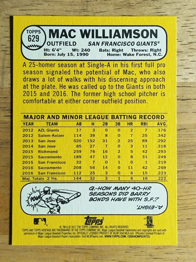 2017 Topps Heritage #629 Mac Williamson