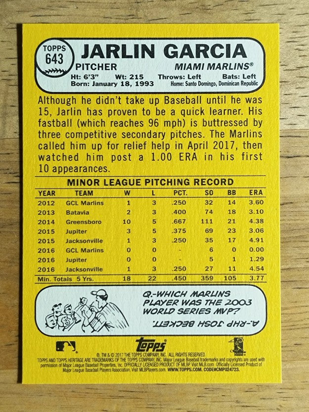 2017 Topps Heritage #643 Jarlin Garcia RC