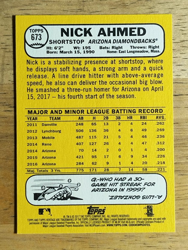 2017 Topps Heritage #673 Nick Ahmed