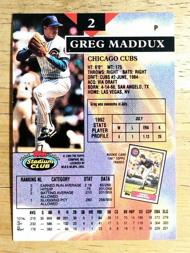 1993 Stadium Club #2 Greg Maddux