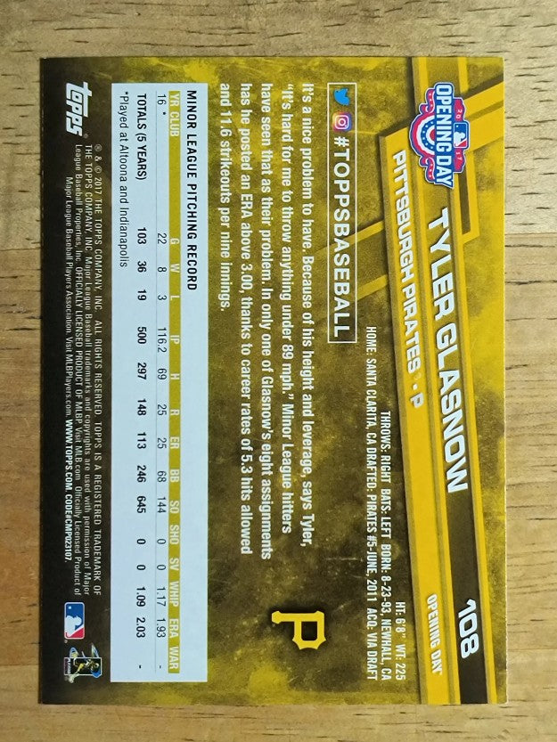 2017 Topps Opening Day #108 Tyler Glasnow RC