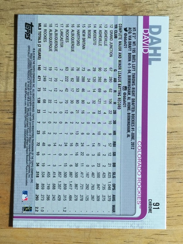2019 Topps Chrome #91 David Dahl
