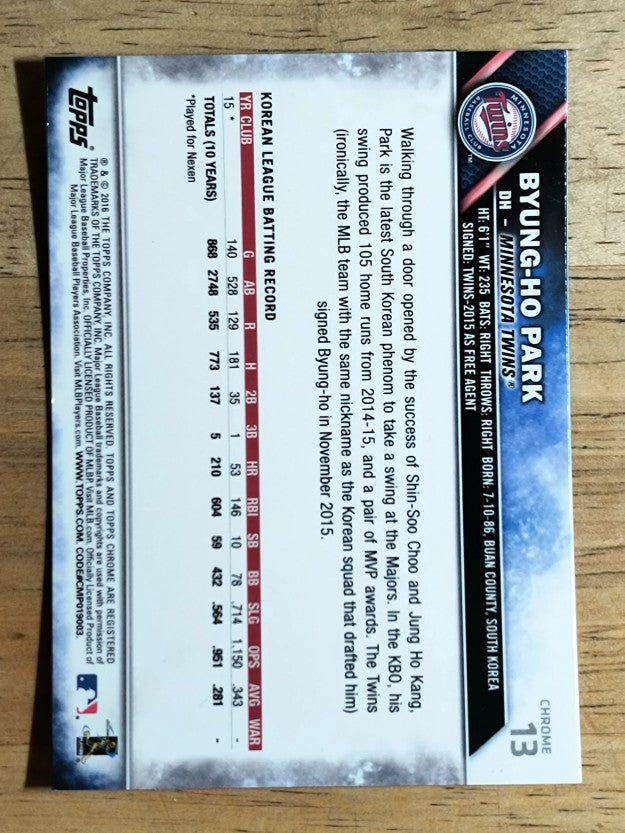 2016 Topps Chrome #13 Byung-Ho Park RC
