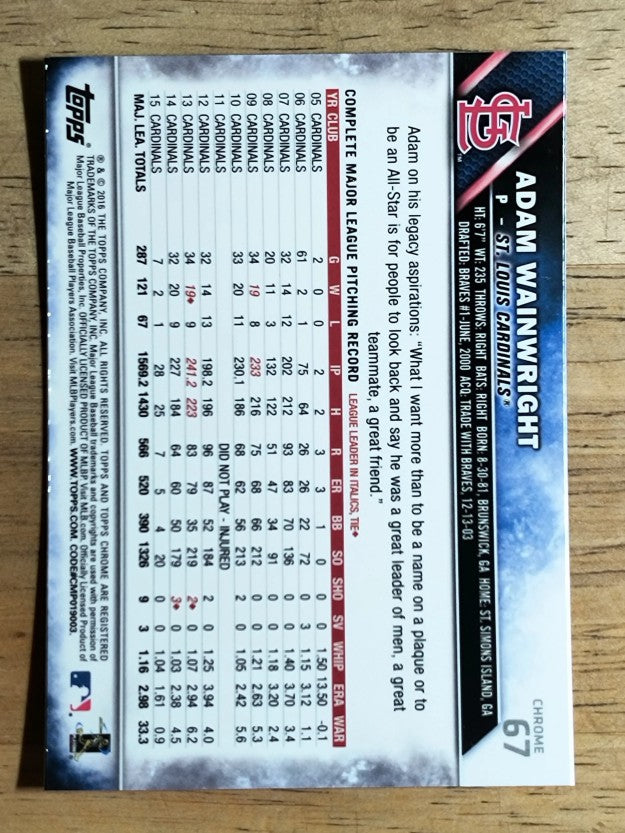 2016 Topps Chrome #67 Adam Wainwright