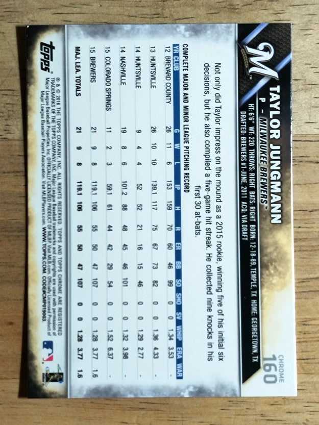 2016 Topps Chrome #160 Taylor Jungmann