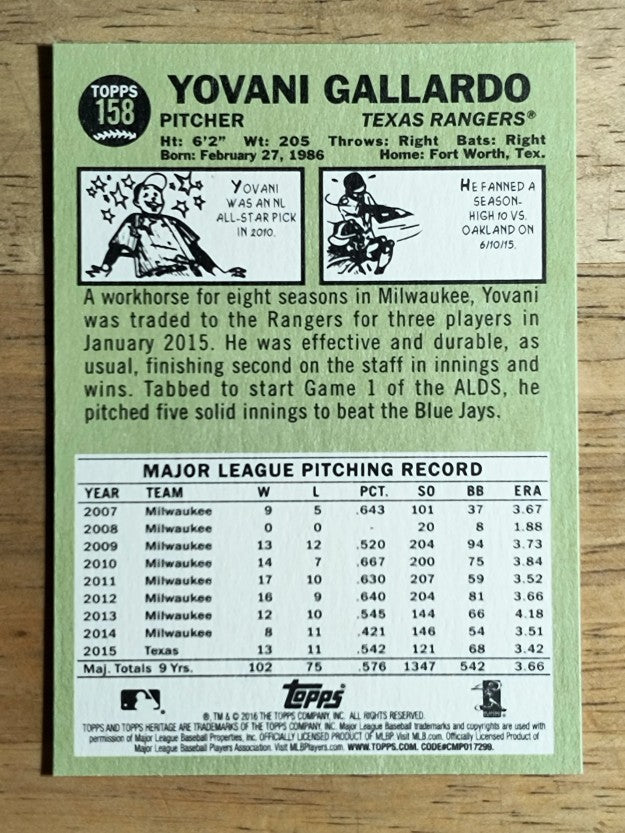 2016 Topps Heritage #158 Yovani Gallardo