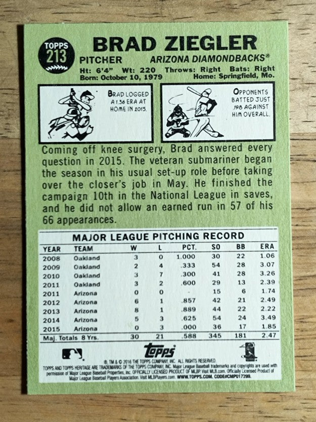 2016 Topps Heritage #213 Brad Ziegler