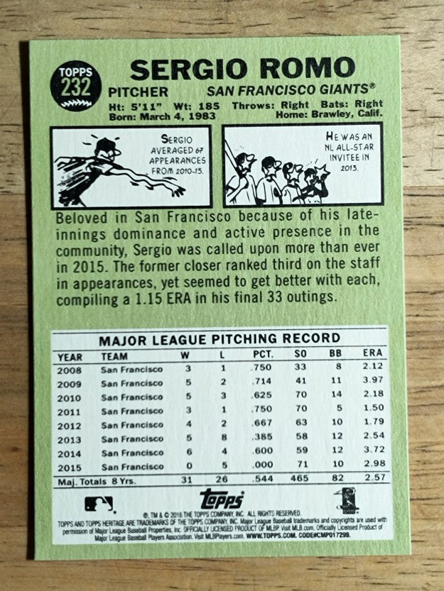 2016 Topps Heritage #232 Sergio Romo