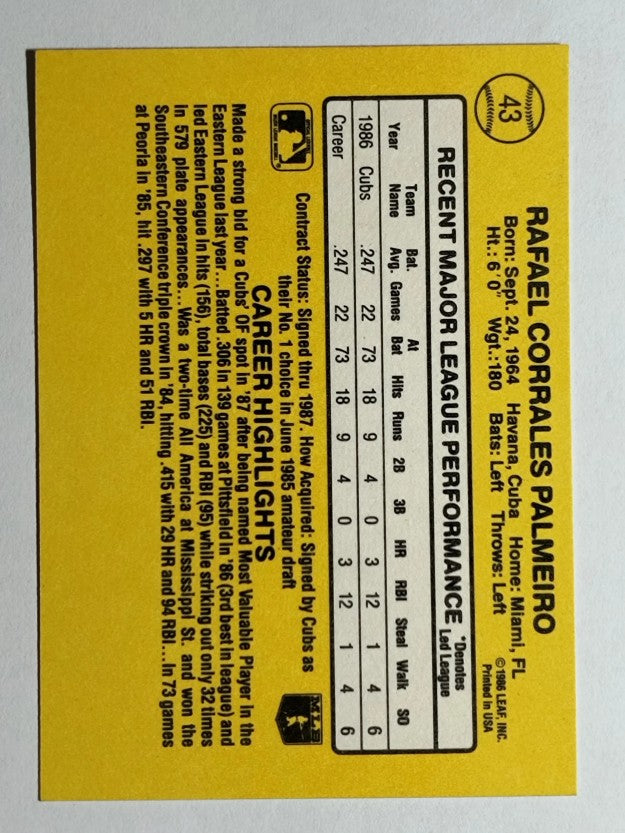 1987 Donruss #43 Rafael Palmeiro RC (EXMT)