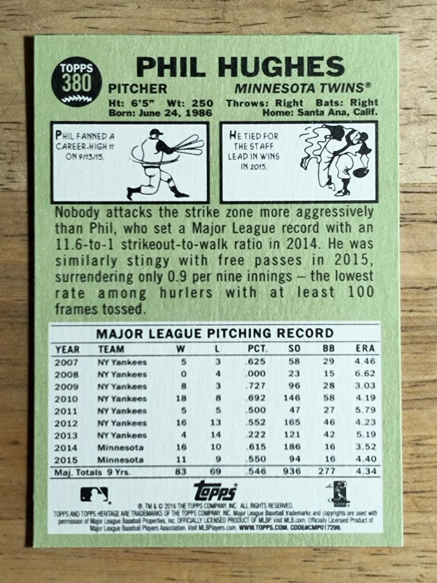 2016 Topps Heritage #380 Phil Hughes