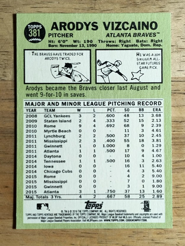 2016 Topps Heritage #381 Arodys Vizcaino