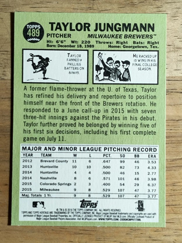 2016 Topps Heritage #489 Taylor Jungmann SP