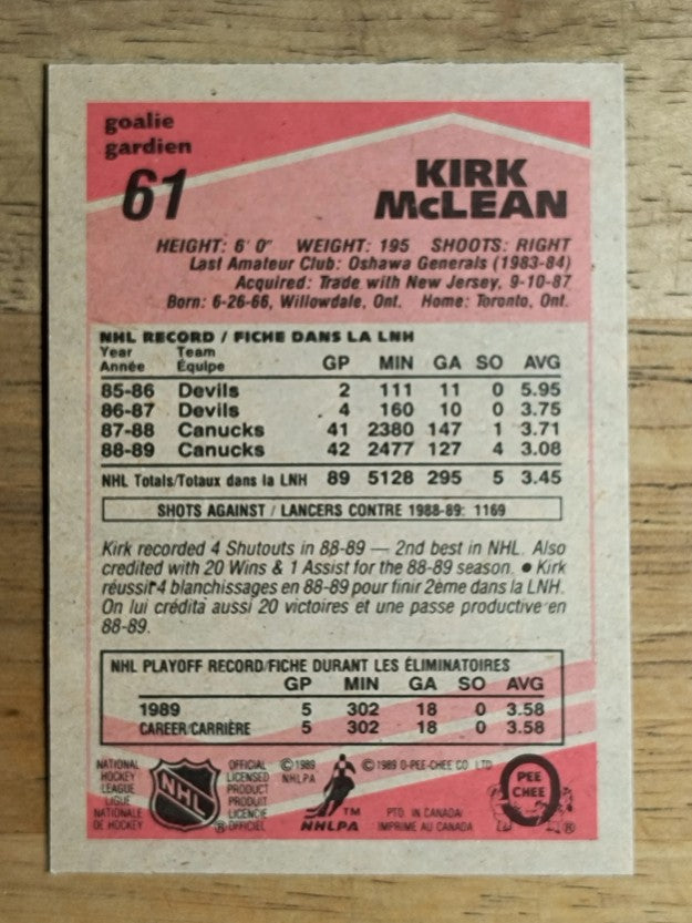 1989-90 O-Pee-Chee #61 Kirk McLean RC