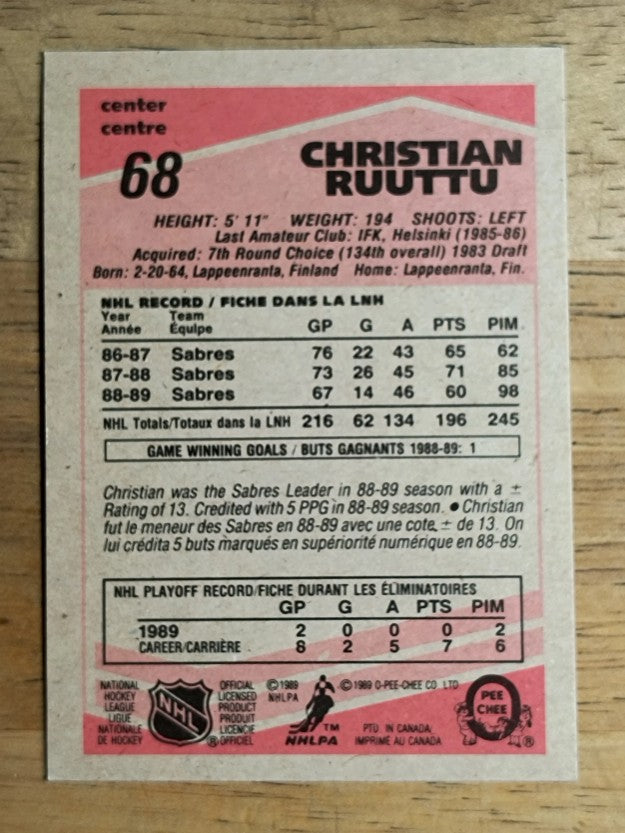 1989-90 O-Pee-Chee #68 Christian Ruuttu