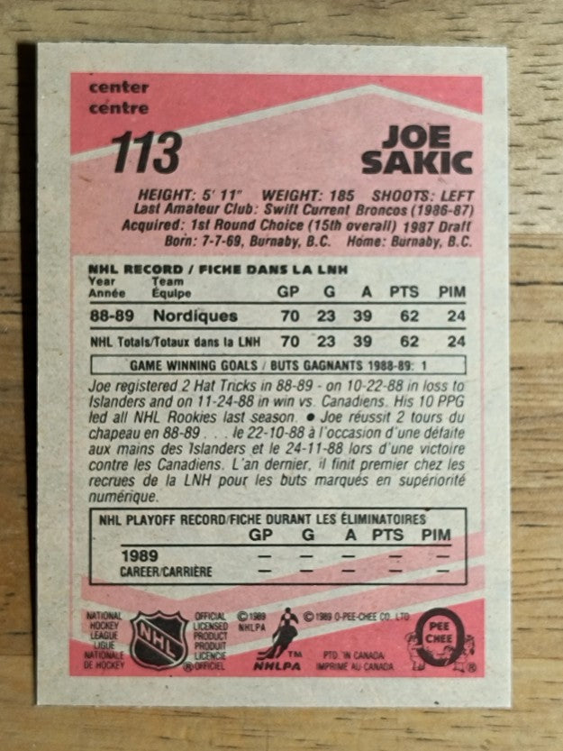 1989-90 O-Pee-Chee #113 Joe Sakic RC