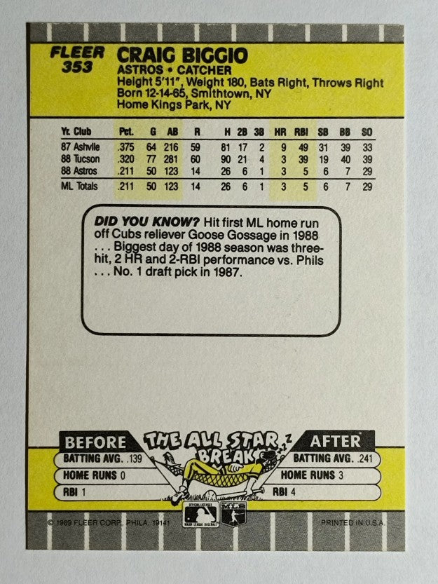 1989 Fleer #353 Craig Biggio RC (NM)