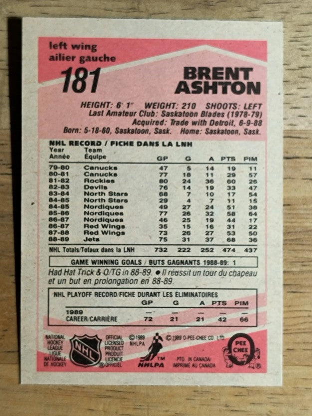 1989-90 O-Pee-Chee #181 Brent Ashton