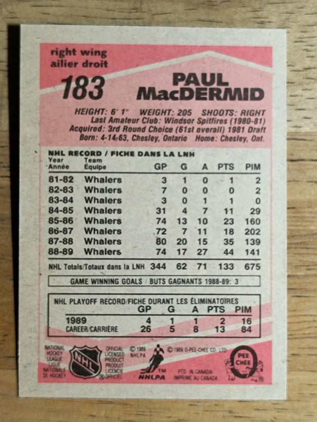 1989-90 O-Pee-Chee #183 Paul MacDermid RC