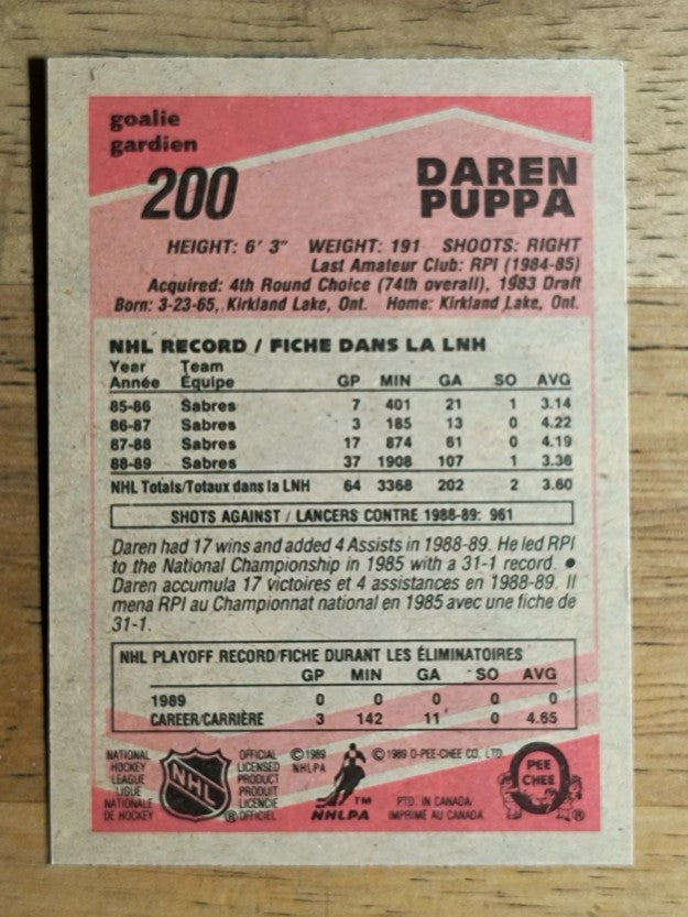 1989-90 O-Pee-Chee #200 Daren Puppa RC
