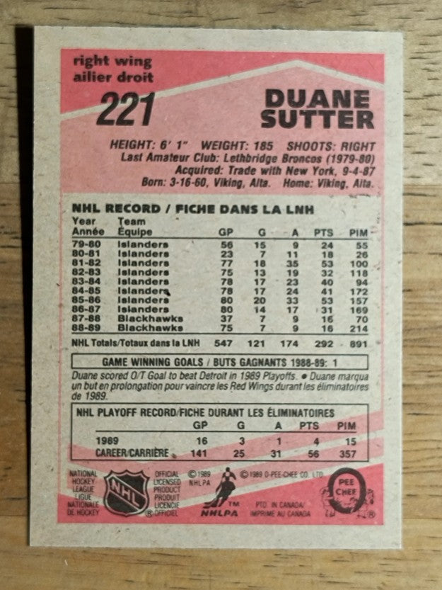 1989-90 O-Pee-Chee #221 Duane Sutter