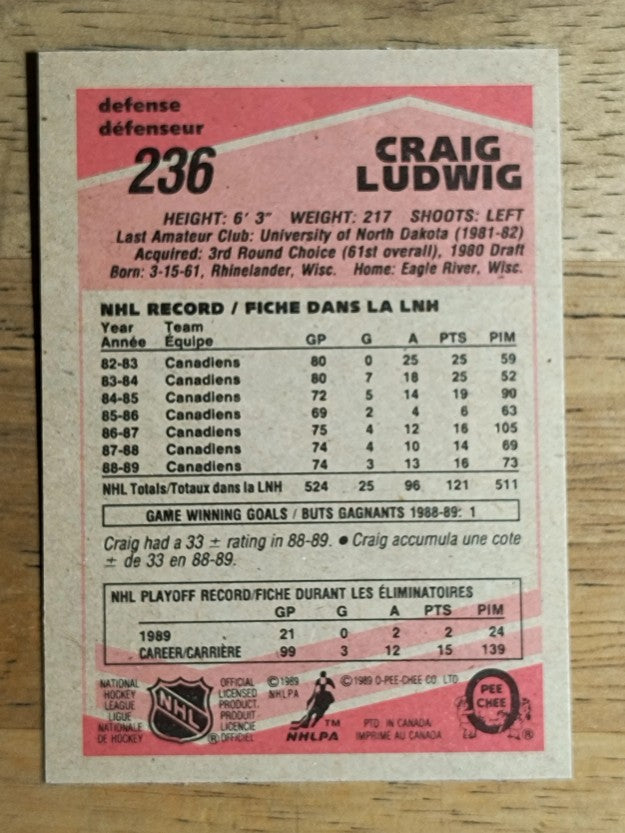 1989-90 O-Pee-Chee #236 Craig Ludwig