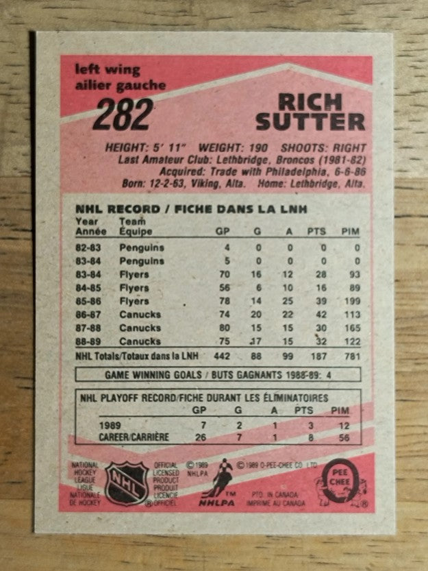 1989-90 O-Pee-Chee #282 Rich Sutter